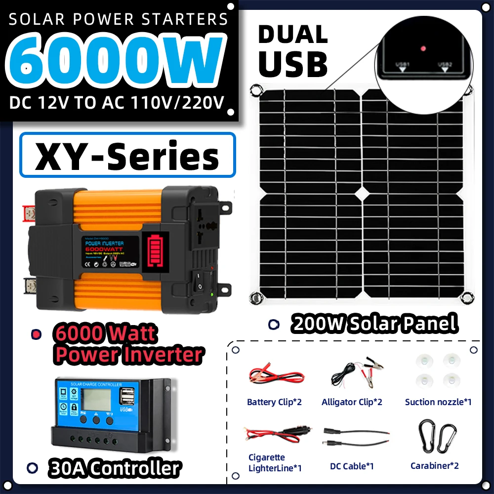 12v Solar system power 6000W inverter Flexible solar panels 30A controller 12V car camping RV solar energy systems power bank