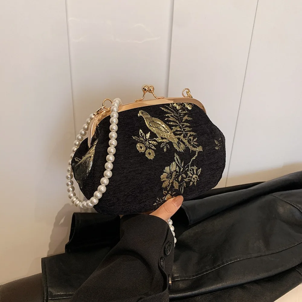 

Portable Embroidered Chinese Style Handbag Pearl Chain Canvas Hanfu Embroidery Handbag Crossbody Bag Purses Cheongsam Bag Women