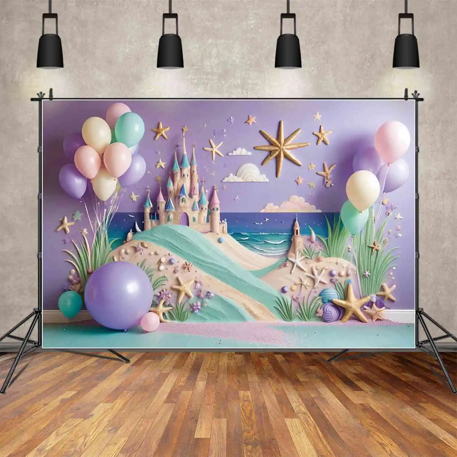 

MOON.QG Beach Castle Sand Birthday Year Backdrop Children Fairy Princess Summer Background Customized Party Photography Supplies