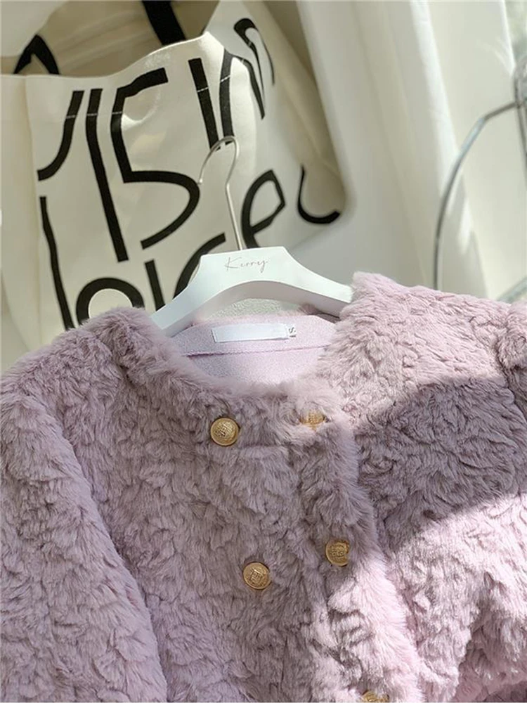 Moda falso lã de cordeiro jaqueta de pele feminina outono duplo breasted o pescoço colheita casaco feminino coreano elegante macio pele do falso outerwear