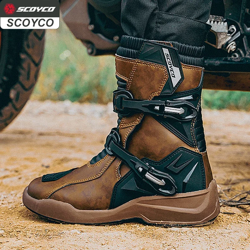 SCOYCO Motorcycle Protective Boots Men Waterproof Enduro Motorcyclist Shoes TPU Leather Anti-slip Motocross Rally High Top Boots