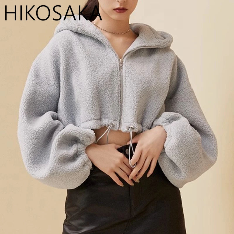 

Japan Style Sweet Plush Jackets Women Drawstring Hooded Cropped Lamb Wool Coat Autumn Winter Warm Casual Outwears Female 2024