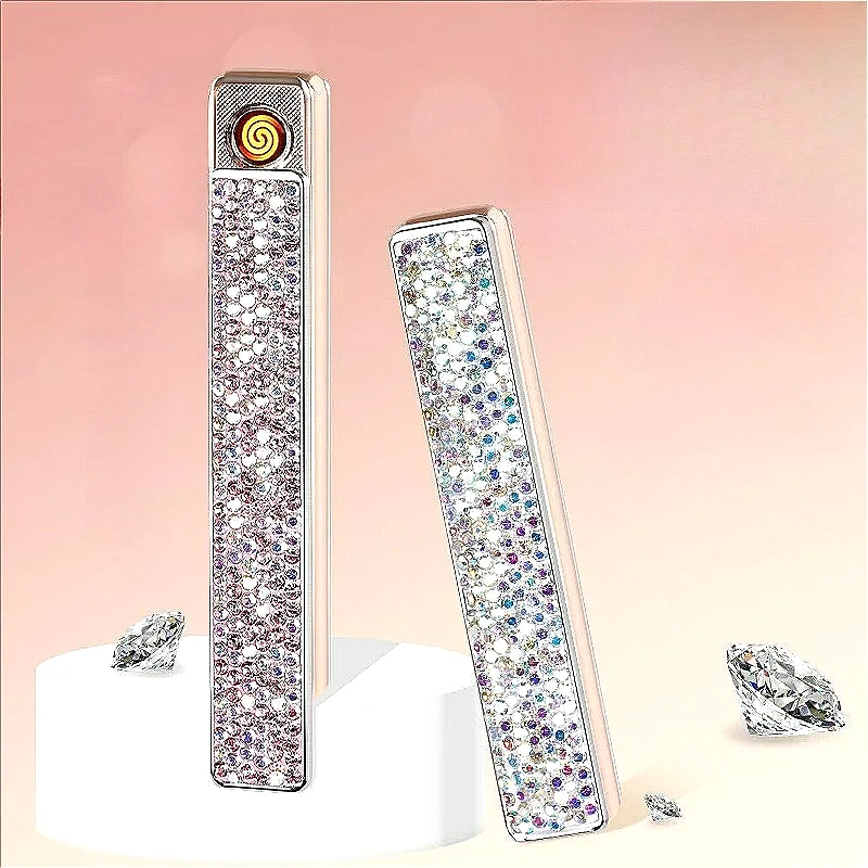 Electronic Tungsten Wire Lighter, Diamond Studded USB Charging Lighter, Women's Compact Portable Cigarette Lighter in A Bag