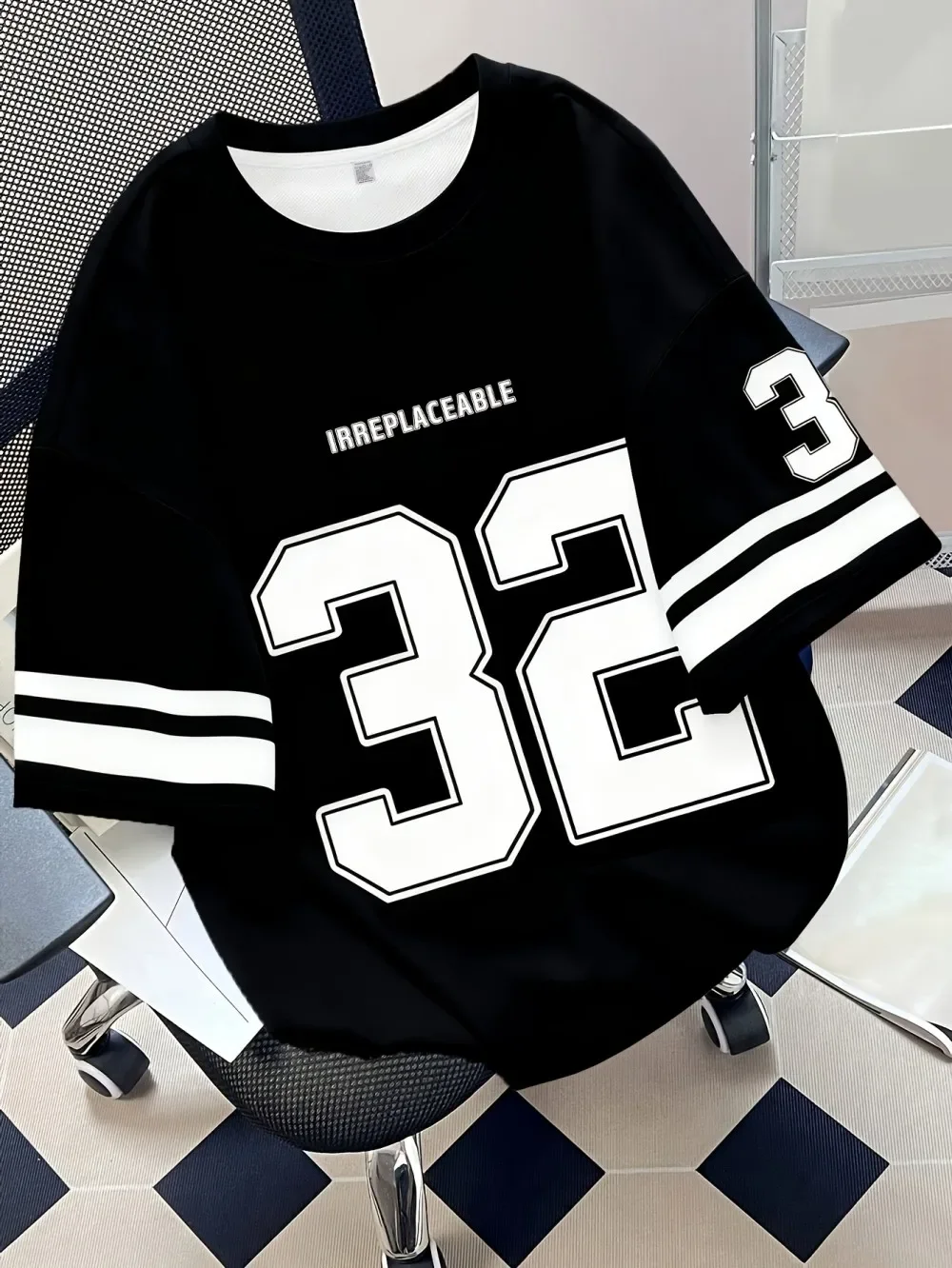 American men's summer training style 32 character striped print micro elastic breathable round neck T-shirt outdoor street top