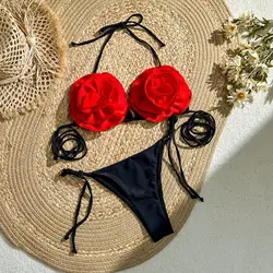 Traje de baño liso con cuello Halter para mujer, bañador Sexy con flores en 3D, conjunto de Bikini de estilo vendaje, 2024