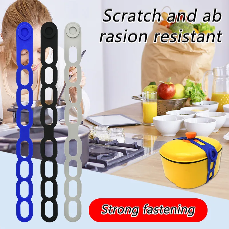 3er-Set Silikon-Küchenbox-Befestigungsband, elastisches Topfdeckelband, wiederverwendbarer Lunchbox-Halter, selbstsicherndes Bündelungsband