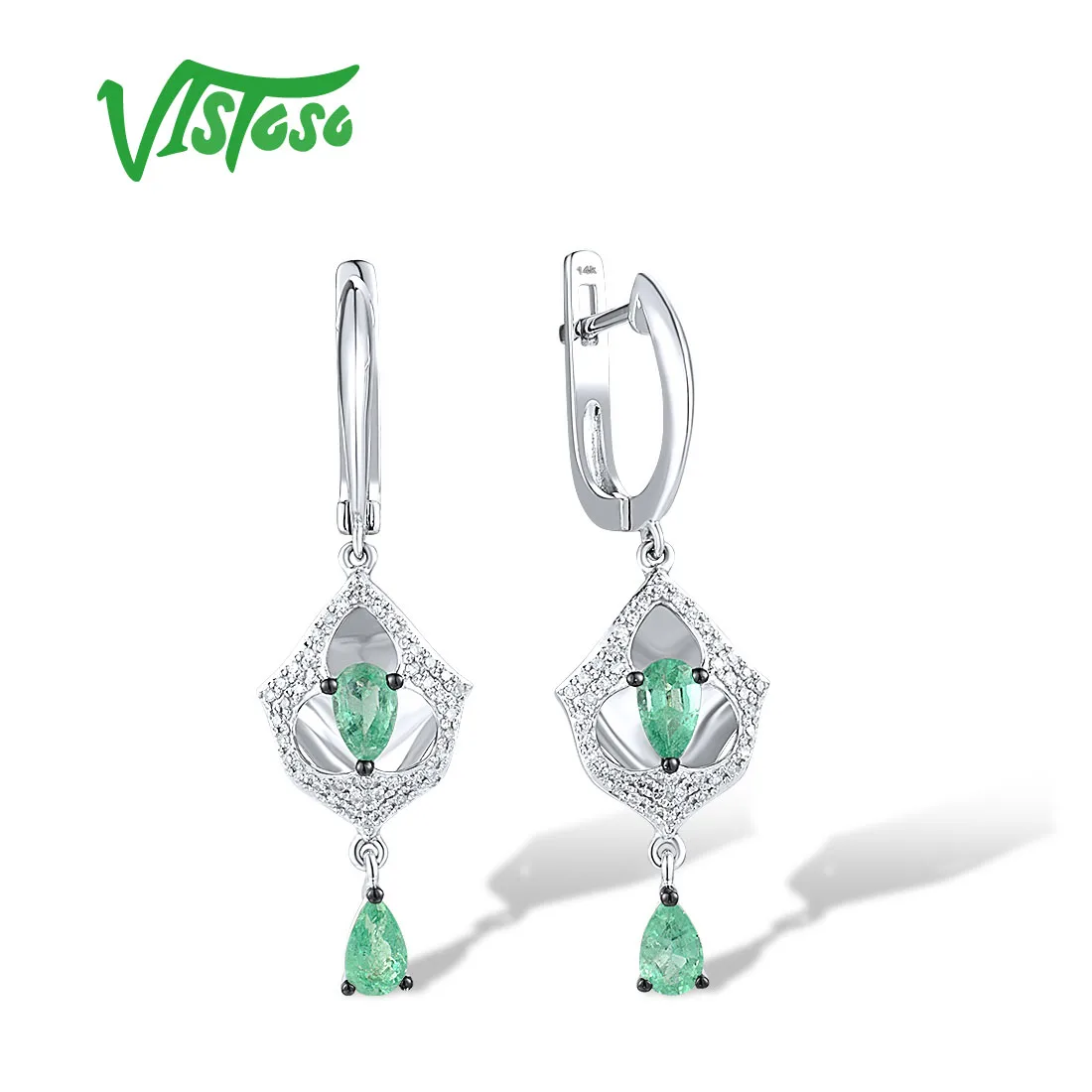 VISTOSO Real 14K 585 White Gold Long Earrings For Women Sparkling Diamonds Emerald Elegant Wedding Party Trendy Fine Jewelry