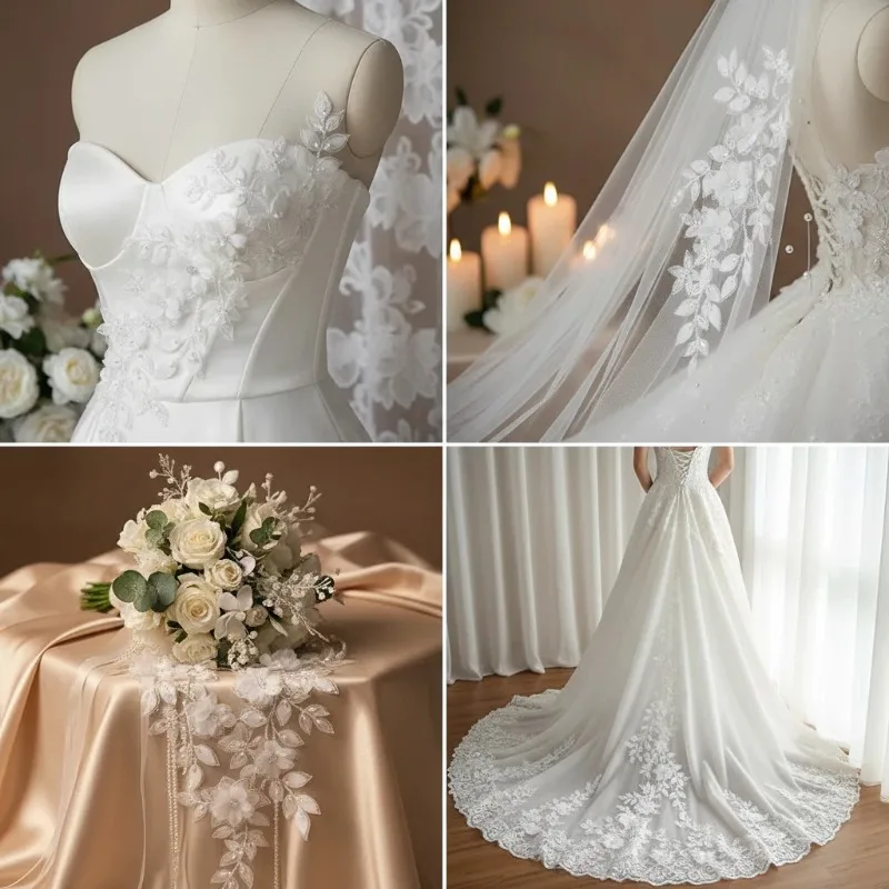 

High Quality Natural White Handmade Bead 3D Printed Lace Decal Fabric DIY Wedding Dress Background Decoration Craft Accessories