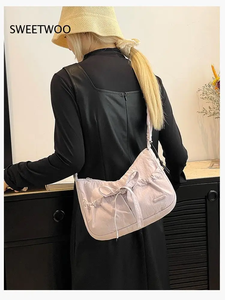 2026 Ballet Style Drawstring Bow Ruched Underarm Bag Pastel Multi Color Thin Shoulder Strap Sweet Dating Women Shoulder Purse