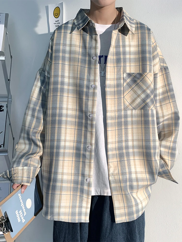 

Мужская клетчатая рубашка в гонконгском стиле, оверсайз, для пар, премиум-класса, весенняя, с длинным рукавом, на пуговицах