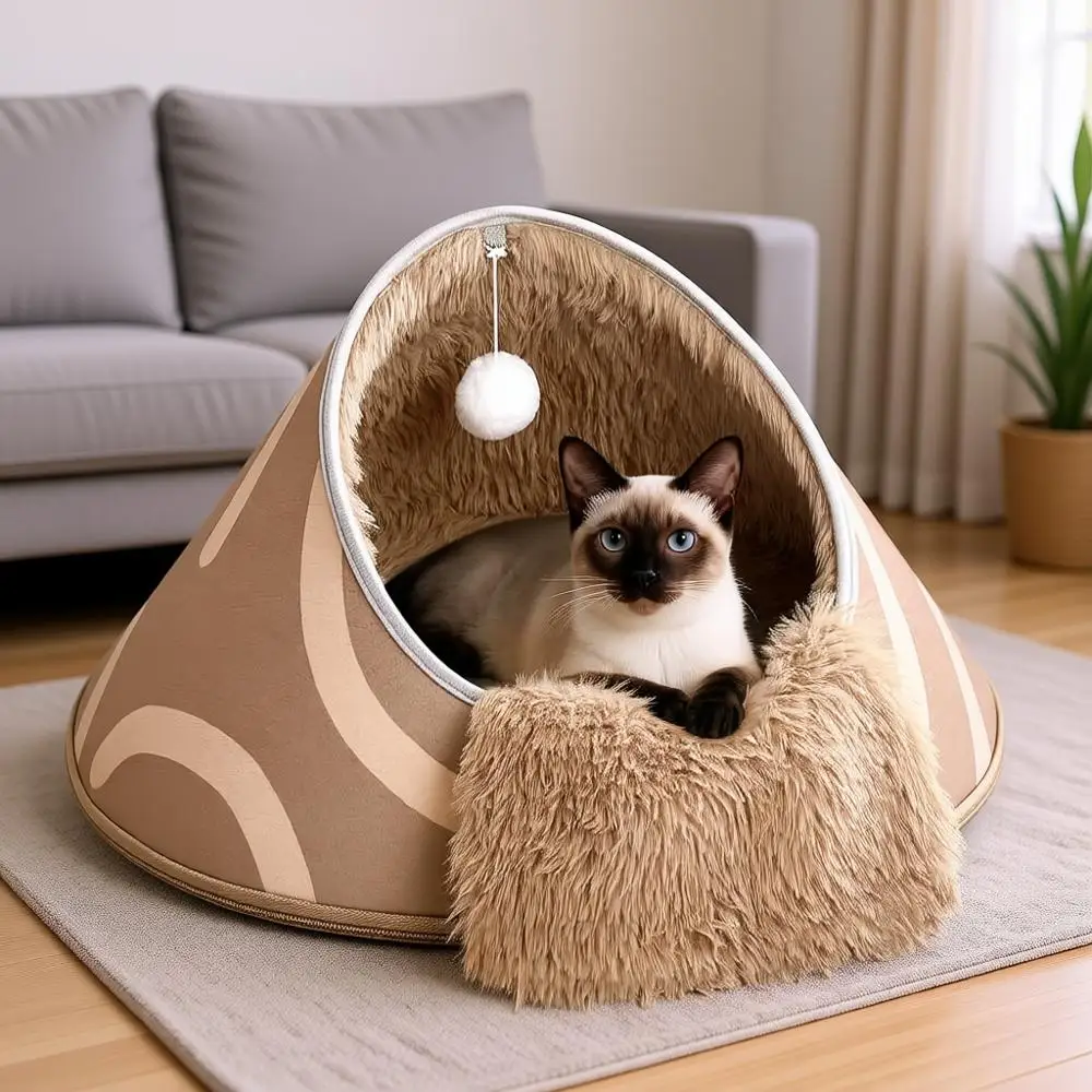 

20-Inch Round Enclosed Hooded Cat Bed, Cozy Plush Waterproof EVA Shell, Washable, Shape Retention, Brown