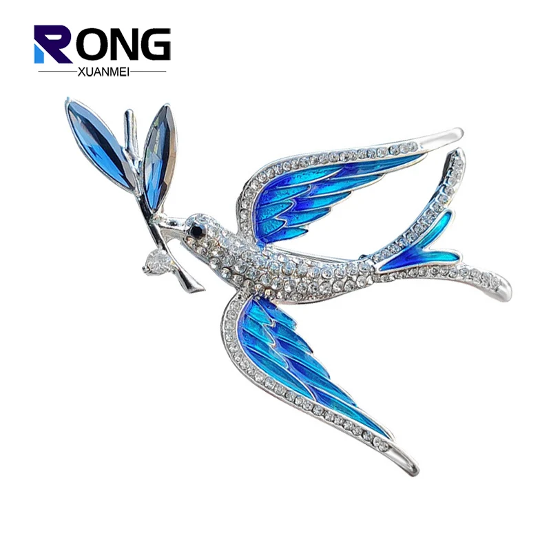 RONGXUANMEI Blue Enamel Flying Swallow Brooches For Women Luxury Crystal Rhinestone Brooch Pin Lady Clothing Accessories Corsage