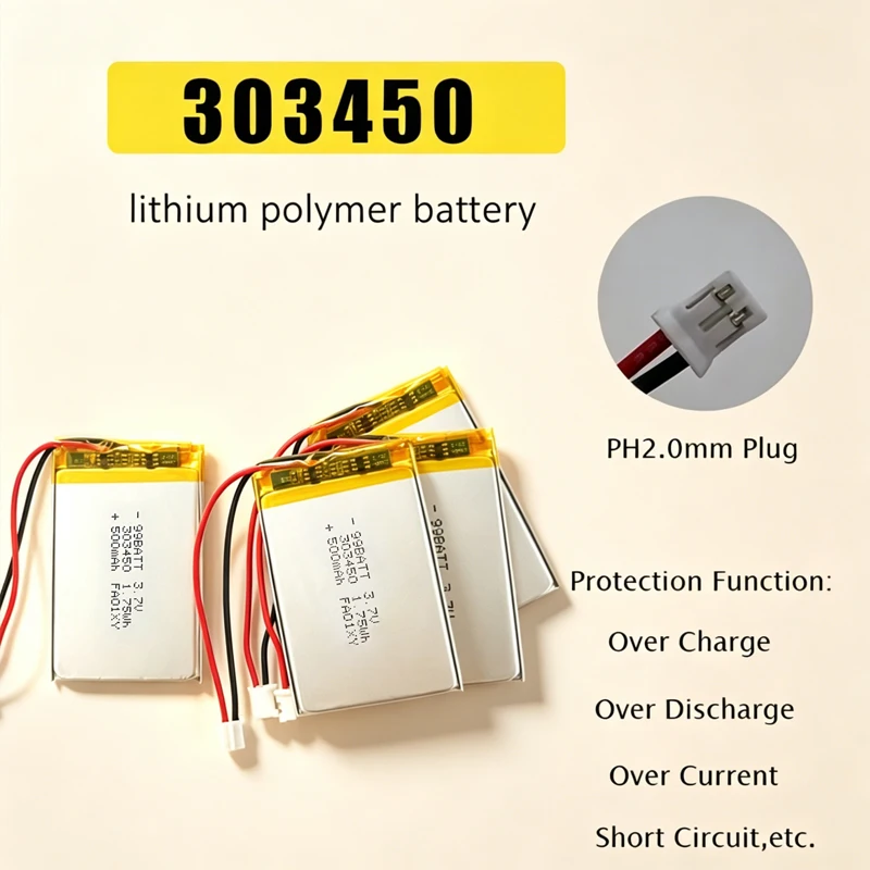 303450 Battery 3.7V 500mAh Polymer Lithium Ion Batteries for Bluetooth Audio Navigator Children's Game Console Beauty Instrument