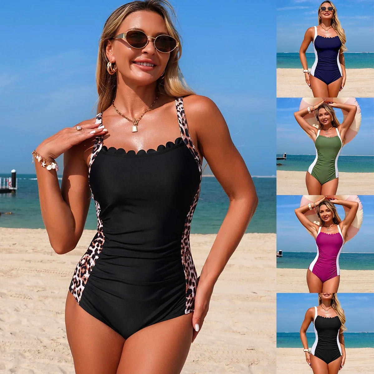 Women Swimwear Sleeveless Black One-Piece Swimsuit Side Ruched Navy Blue Swimsuit Leopard Print Olive Green Bodysuit