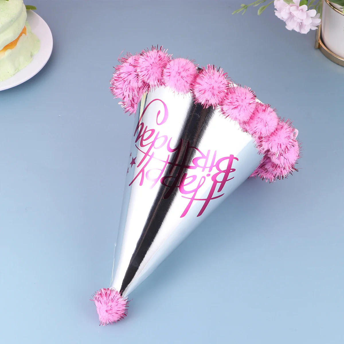 5Pcs Shiny Pink Paper Pompon Birthday Hats Cone Party Caps for Costume Shoot Fun Birthday Cap Pompon Hat