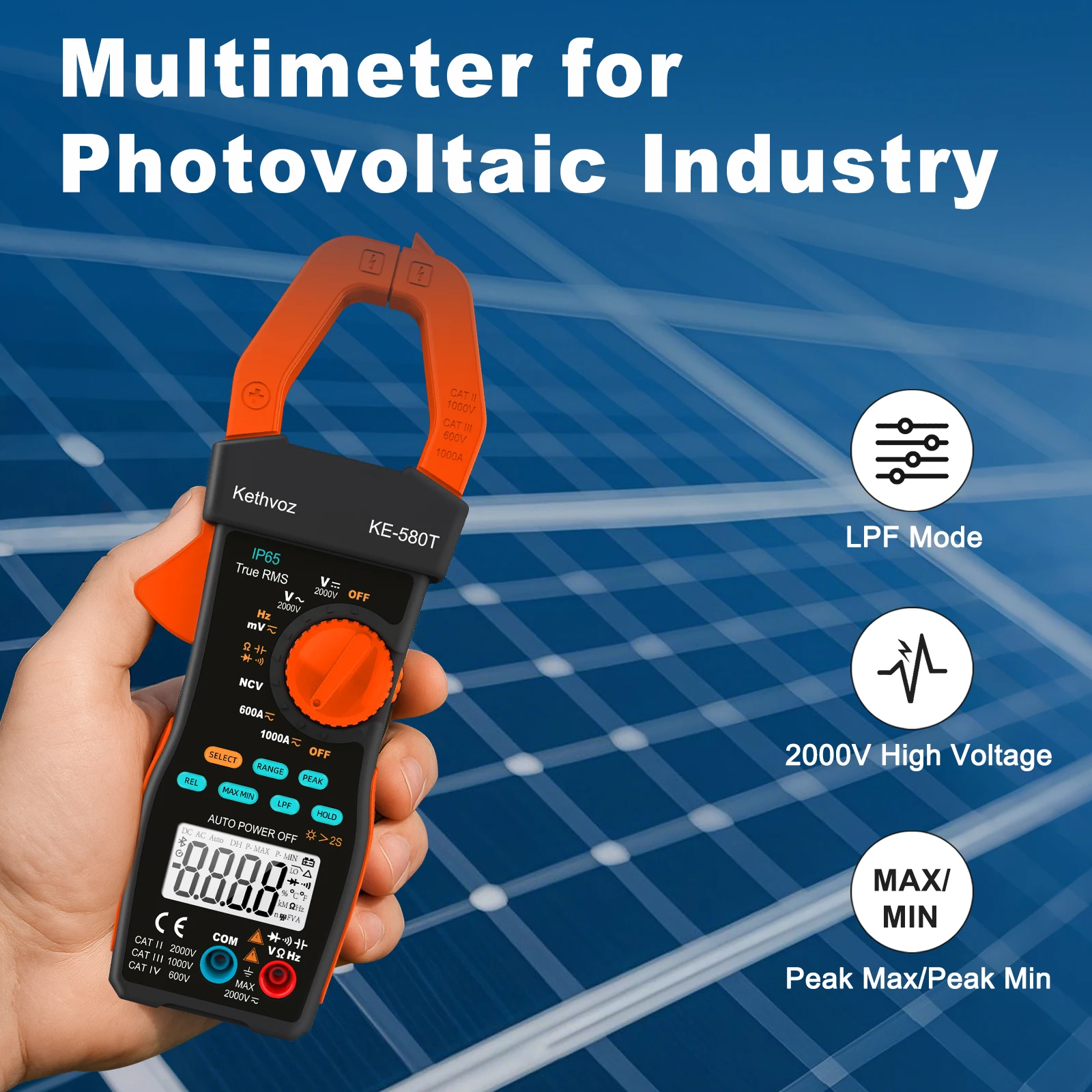 

6000 Counts True RMS Solar Clamp Meter 2000V 1000A 45mm Jaw LPF PEAK NCV Capacitance for PV HVAC Automotive Electrical Tester
