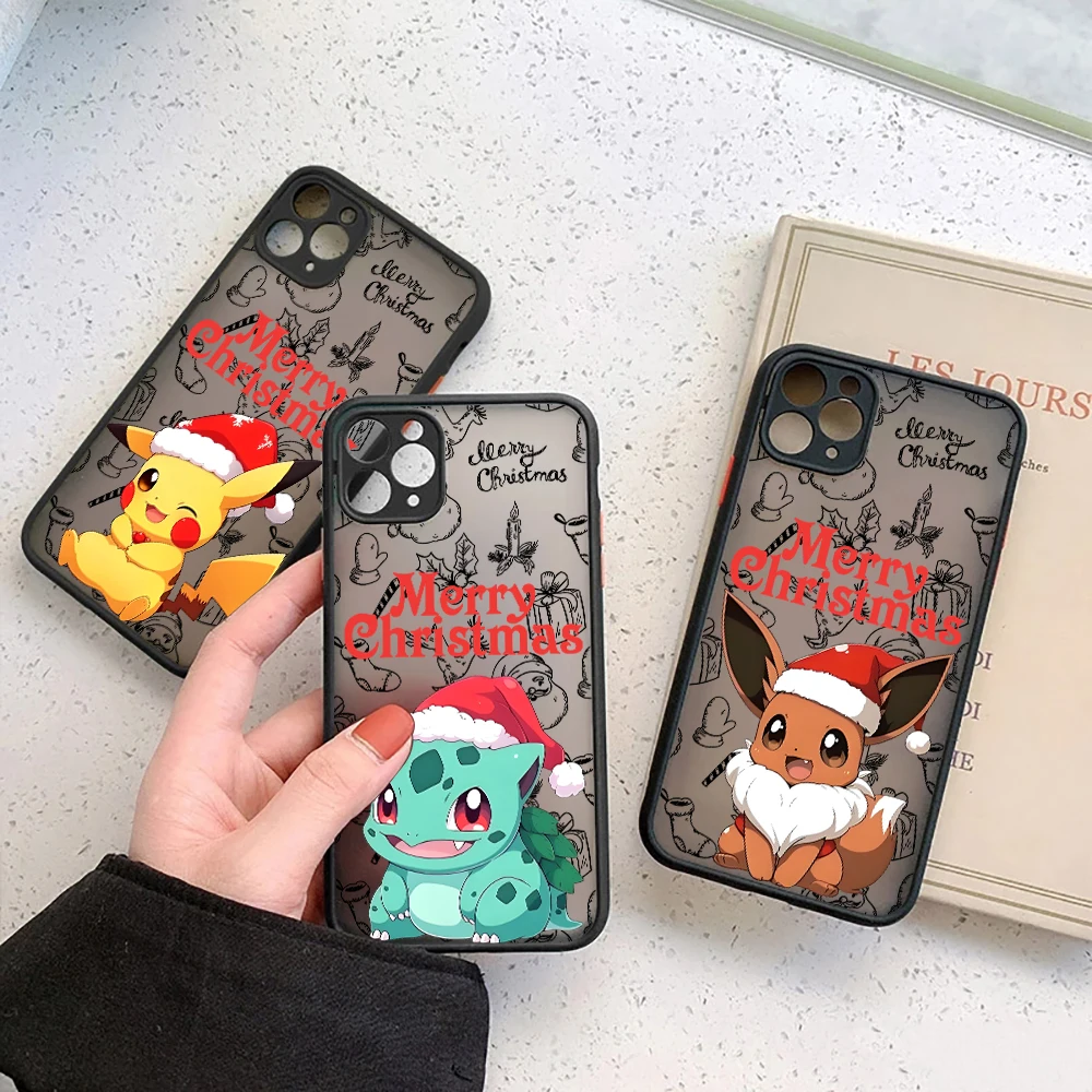 

Cute Pokemons Christmas Case For iPhone 17 16 15 13 12 11 14 Pro Max Plus 16e 17 Air Shockproof Silicone Clear Matte Cover Funda
