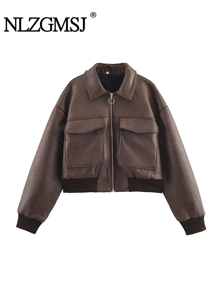 

NLZGMSJ Women Faux Leather Loose Jacket 2025 Autumn Long Sleeve Pockets Bomber Jacket Stand Short Coat Female Top Y2K