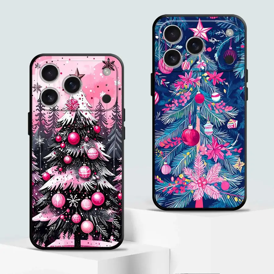 حافظة لهاتف آيفون XS Max 7 8 XR 17Air 15 16 14 Plus 13 12 11 17 Pro Max شجرة عيد الميلاد الوردي