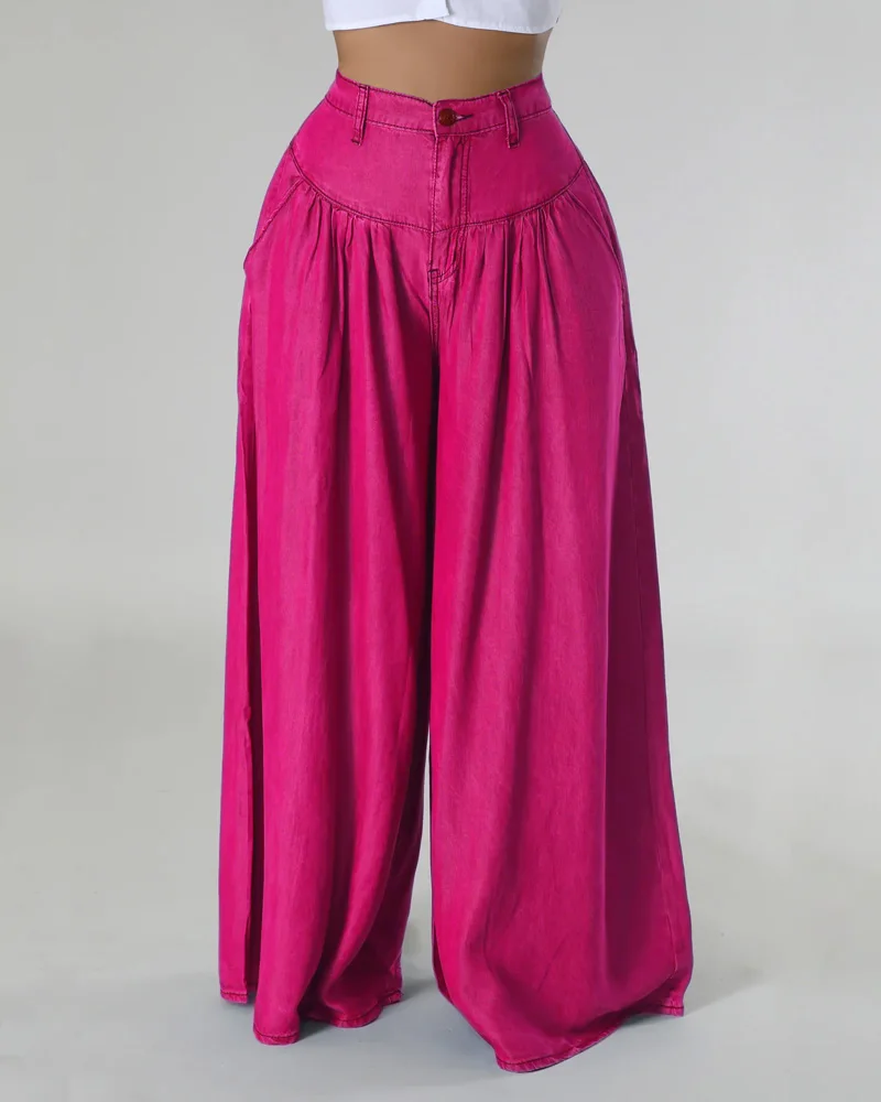 Pantalones acampanados plisados de pierna ancha para mujer, sueltos de Vaqueros cintura alta, informales, Color sólido, Y2k, 2024