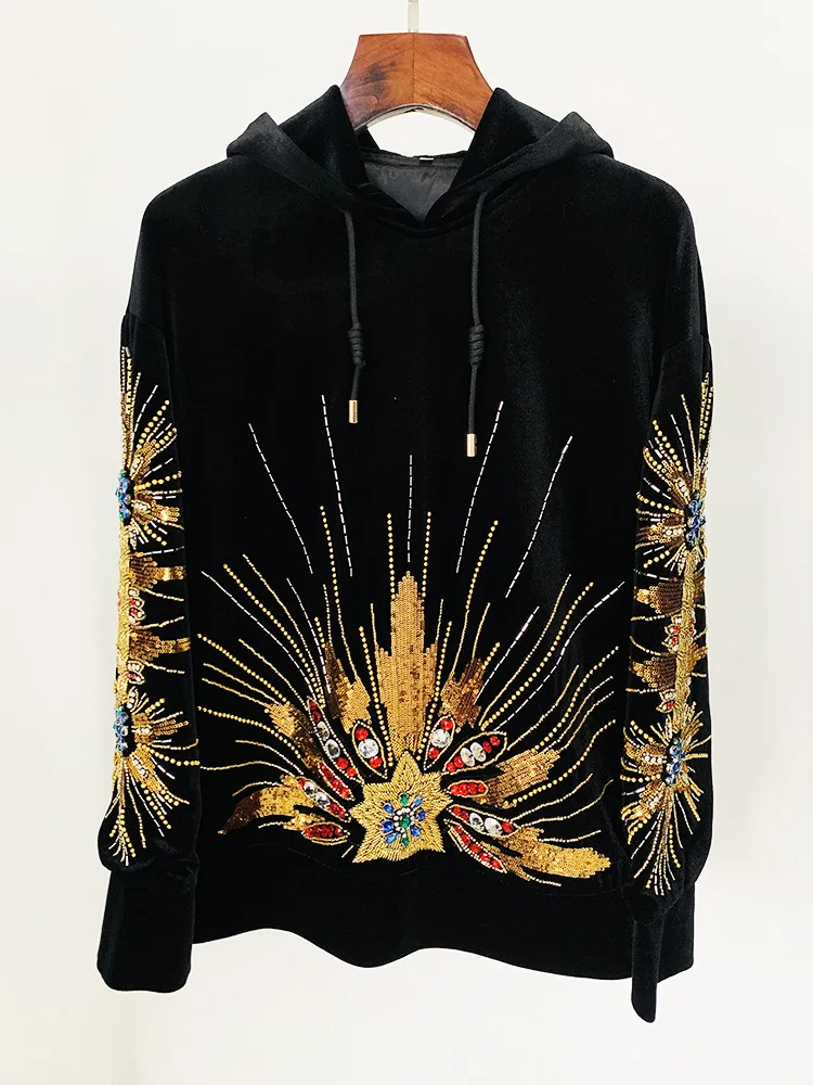 HIGH STREET Newest 2024  Designer Tops Women's Sequined Rhinestone Diamonds Beaded Velvet Loose Hooded Hoodie Sweatshirt