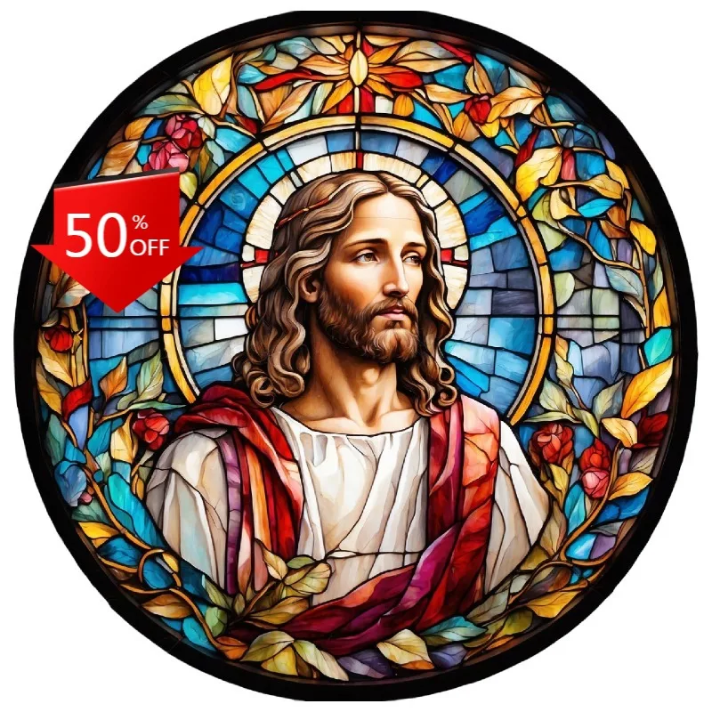 

Jesus Round Sticker Colorful Stained Glass Style Vivid Bible Christian God Waterproof Scratch-proof Exterior Mirror Wall Sticker