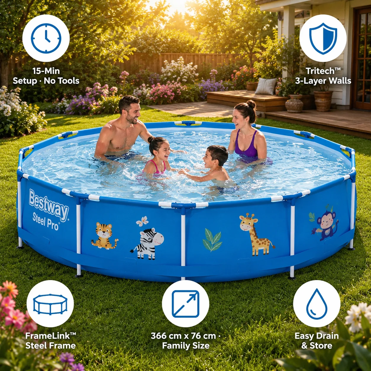 Steel Pro Frame Pool 366 x 76 cm, runder Aufstellpool mit Tritech-verstärkten Wänden, robustem Stahlrahmen, schneller Aufbau, Familien-Außenpool für Garten und Hinterhof