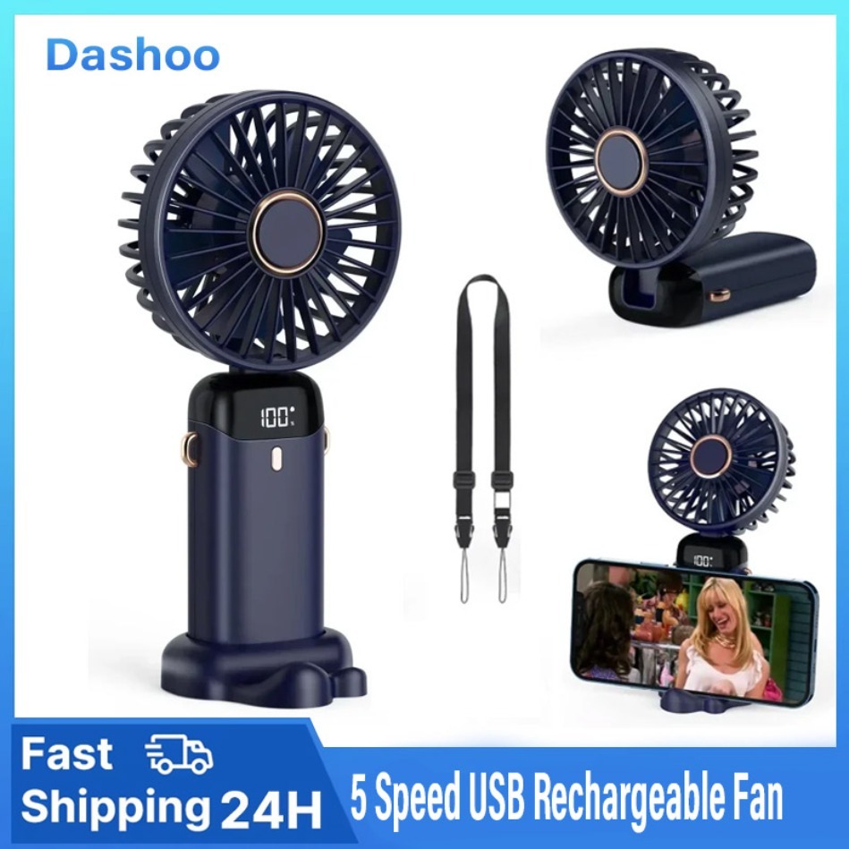  Handheld Mini Fan 3000mAh Foldable Portable Desk Outdoor Neck Hanging 5 Speed USB Rechargeable Fan Phone Stand Display Screen 