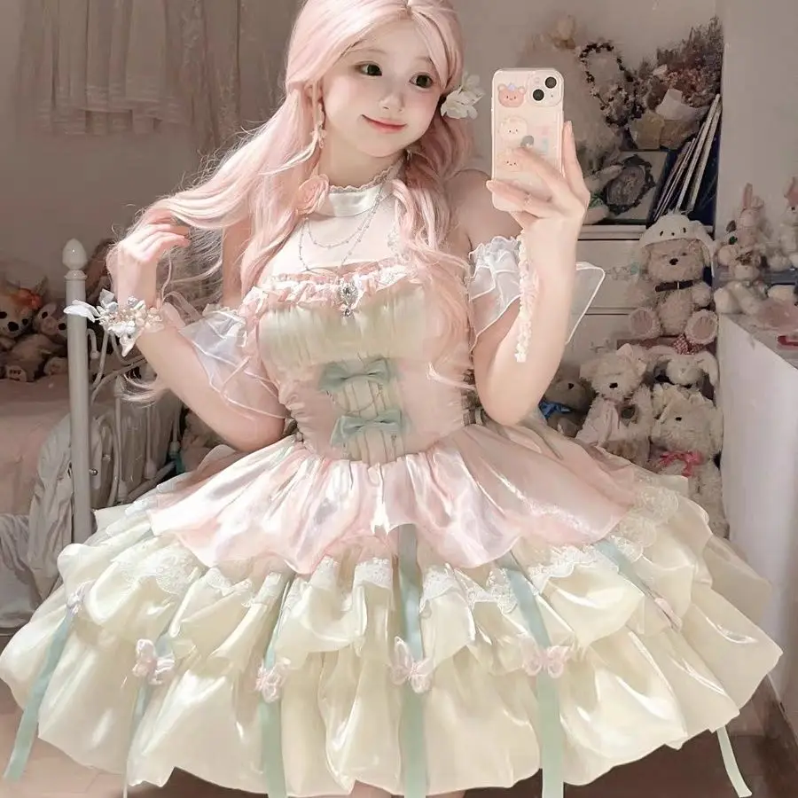 

Coalfell Love God's Appointment Pink Green Lolita Princess Dress Women Sweet Neck Suspenders Fluffy Dress Slimming Short Skirt