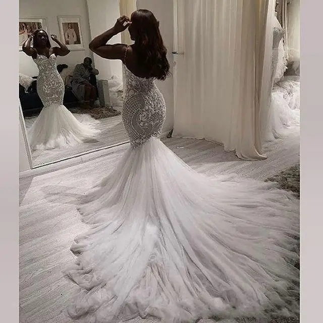 Personalizar sul africano sereia vestido de casamento vestido de noiva sexy decote em v cintas de espaguete padrão de renda tule longo vestido de noiva