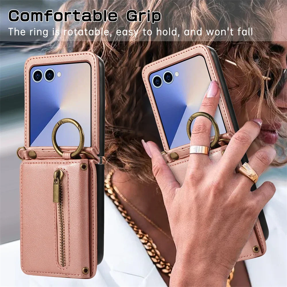 Leather Phone Case with Crossbody Ring and Card Holder for Samsung Galaxy Z Flip 7 6 5 4 3 Flip7 FE Flip6 5G Protective Cover