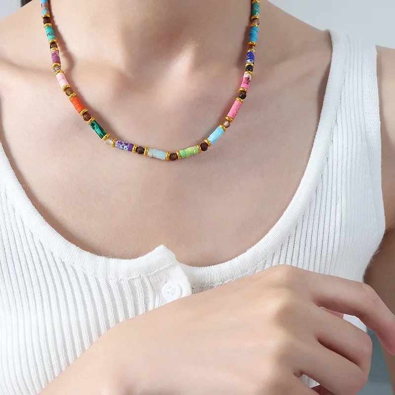 

Bohemia Colorful Natural Stone Necklace For Women Gold Plated Stainless Steel Round Beaded Chain Women Choker Jewelry