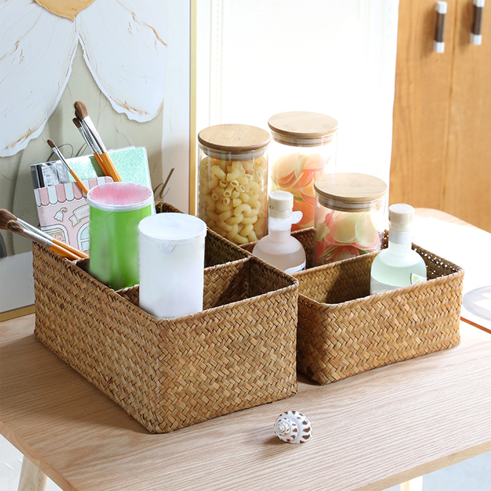 Wicker Storage Basket Picnic Basket Straw Rattan Basket Desk Organizer for Farmhouse Bedroom Countertop Living Room