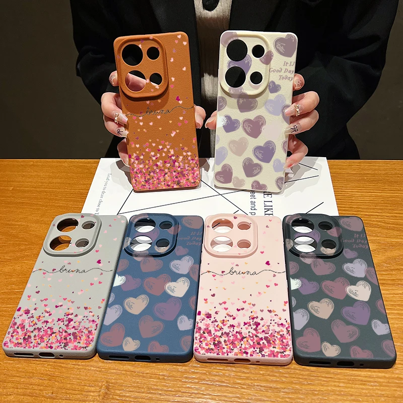 Romantic Little Heart Case For Xiaomi Redmi Note 14 13 Pro 5G 14 13 4G 12 11 Poco X6 F6 13T 13C Leather Texture TPU Phone Cover