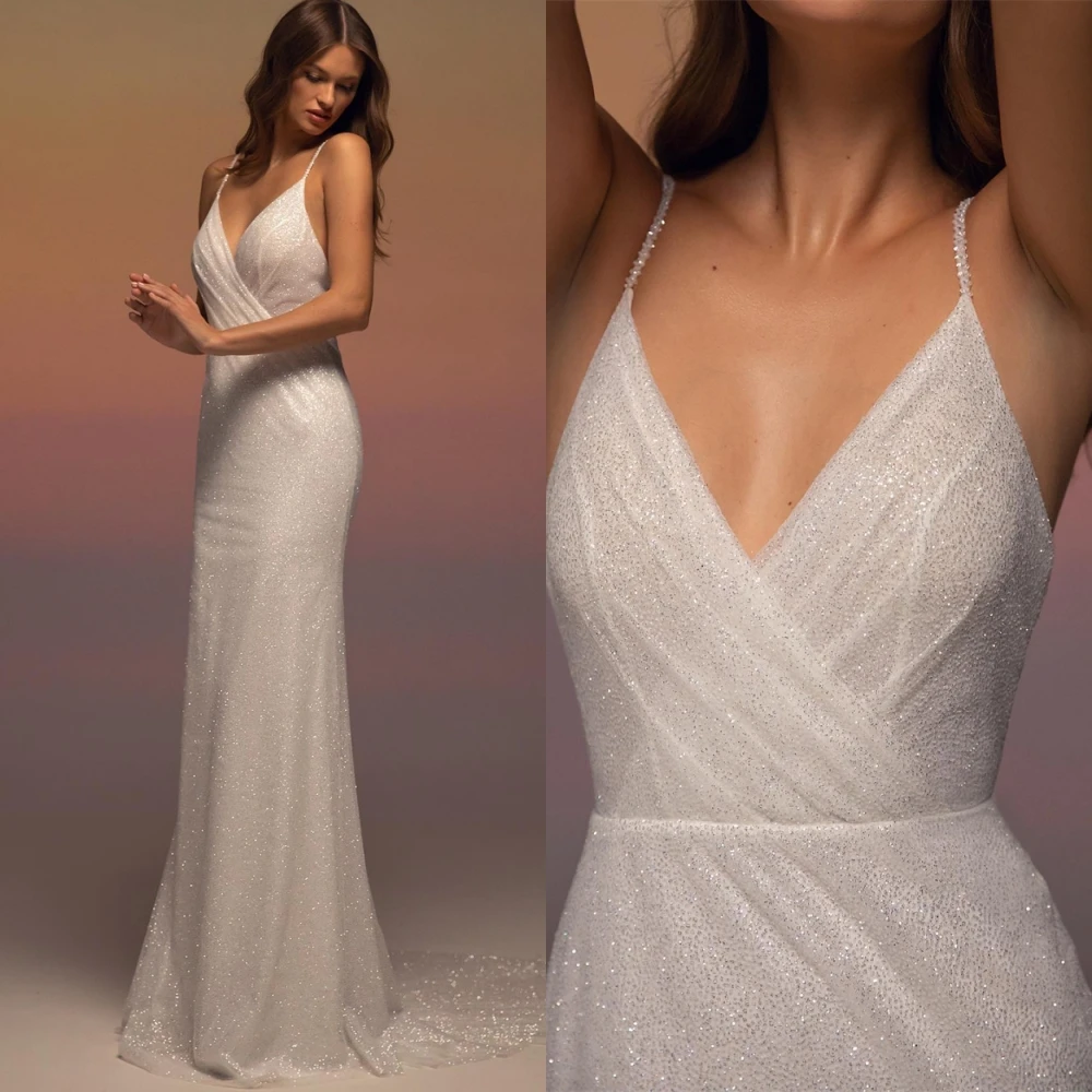 

Customized White Organza Bridal Gowns Temperament Strapless Spaghetti Straps Wedding Dress Chapel Train Zipper Back Dress