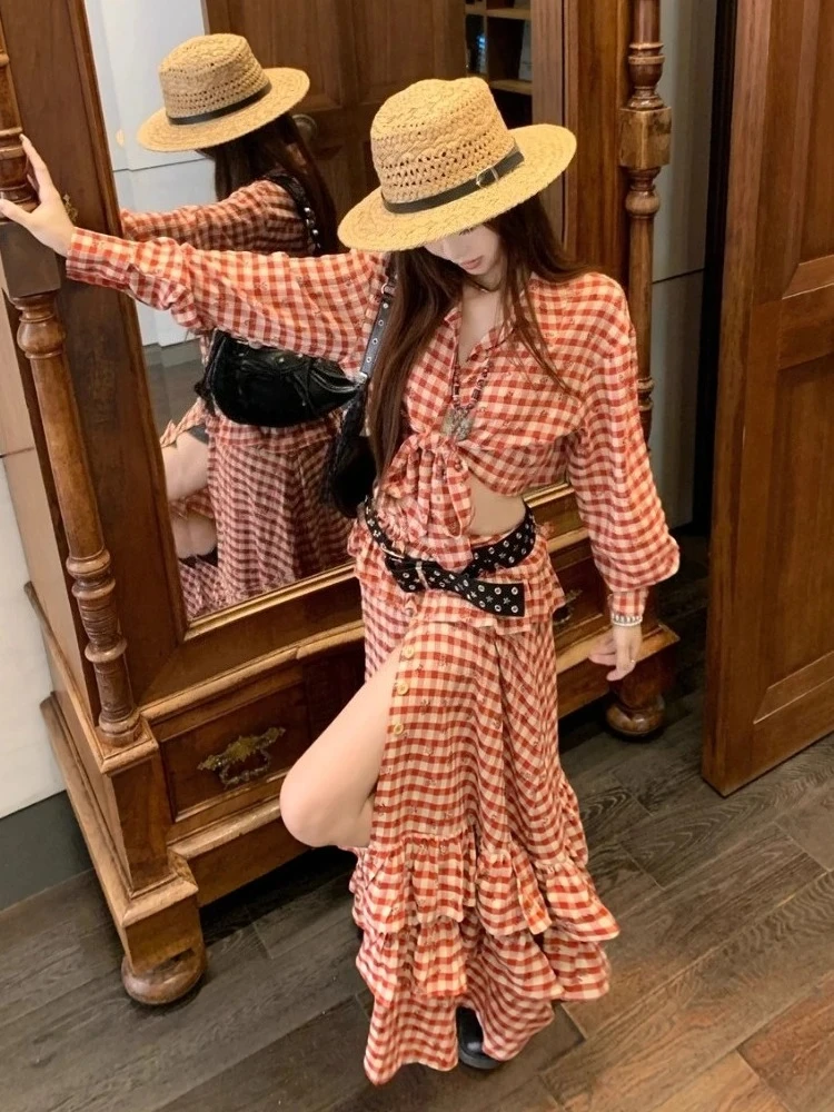 Sweet Red Plaid 2000s 2 Piece Set Vintage Long Sleeve Y2k Crop Tops Blouse + Slim Sexy Elegant Skirts Korean Fashion Suits