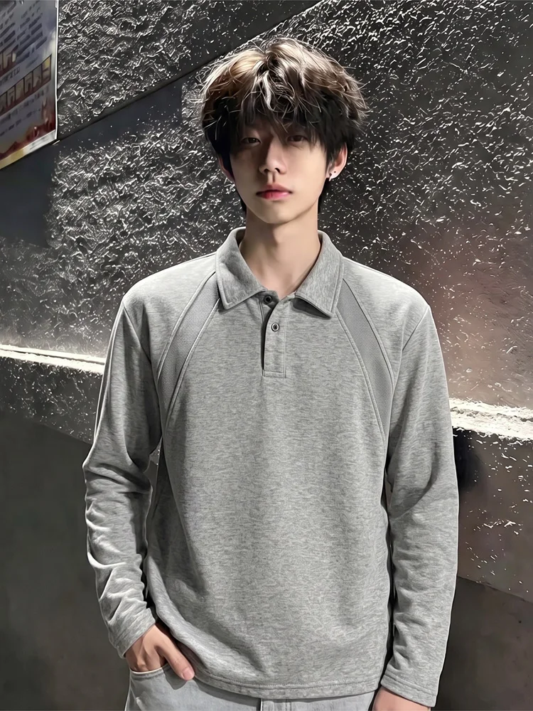 Trendy American Style Long Sleeve  Shirt Men's Early Autumn Gray White Flower Thread Splice Cuff T-Shirt Fashionable Swea...