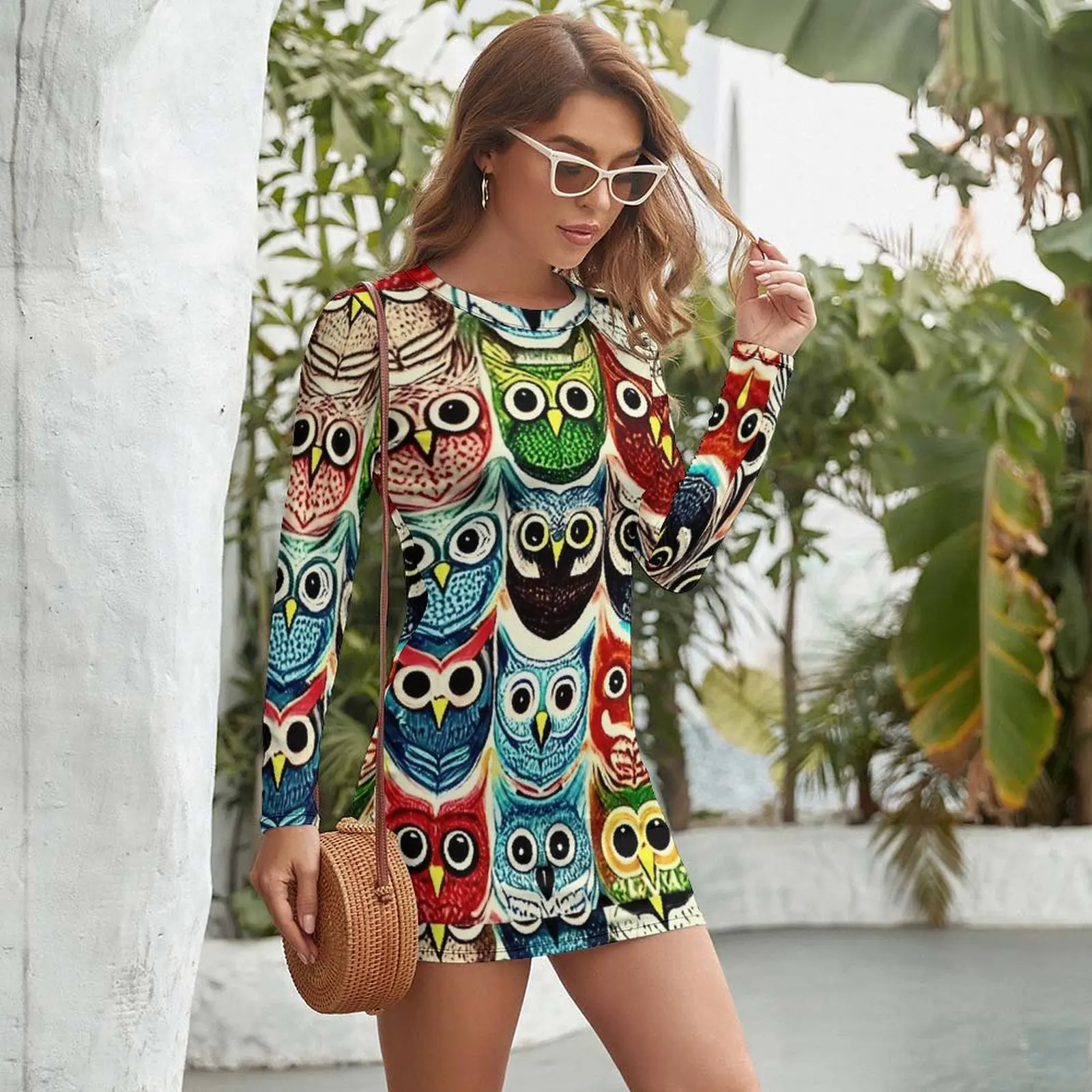 Hypnotize Bold Owl Print Dress Long Sleeve  Pretty Dresses Spring Female Street Style Custom Bodycon Dress Big Size