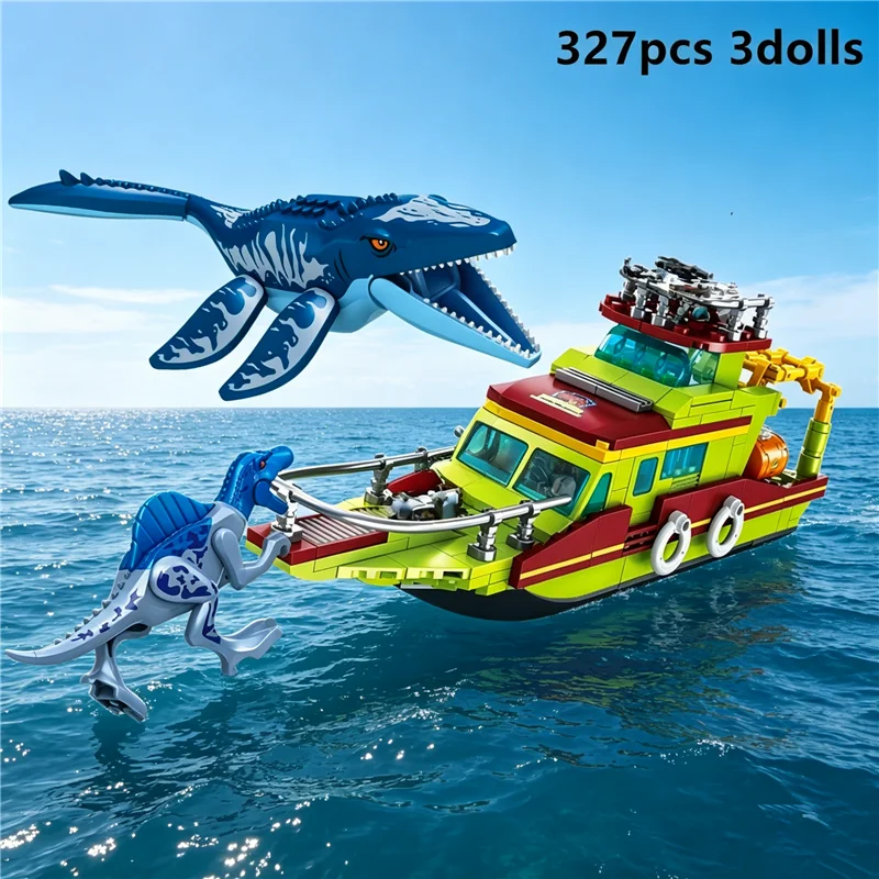 Dinosaur Figurine Set - Jurassic Dinosaur Ocean Exploration Ship Building