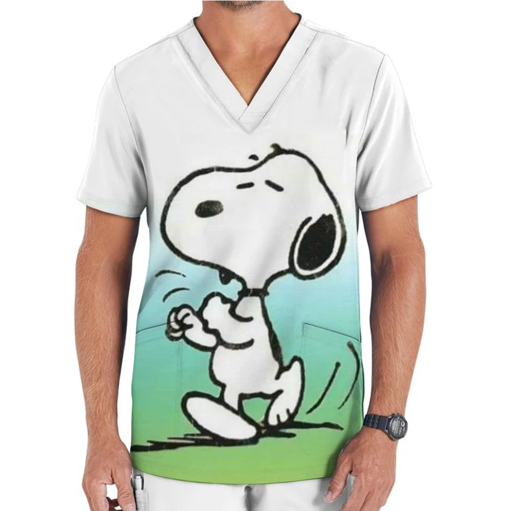 Medical uniform men's nurse Snoopy printed frosted cloth solid V-neck short sleeved shirt hospital top surgical gown men's denti