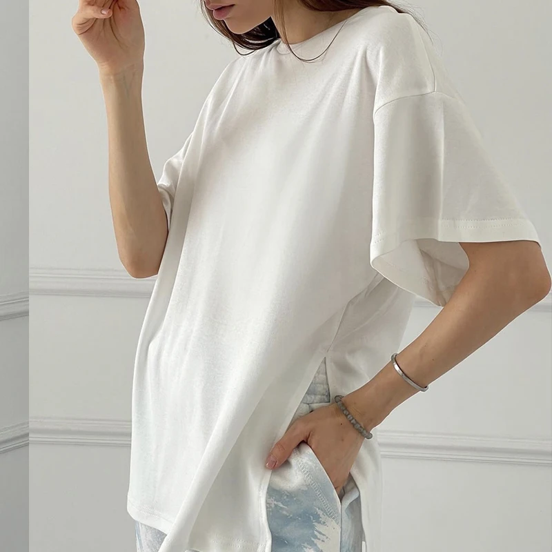 Hirsionsan Summer Oversized Cotton T Shirt Women New Loose Solid Split Tees Casual Basic Tshirt Short Sleeves Female Tops