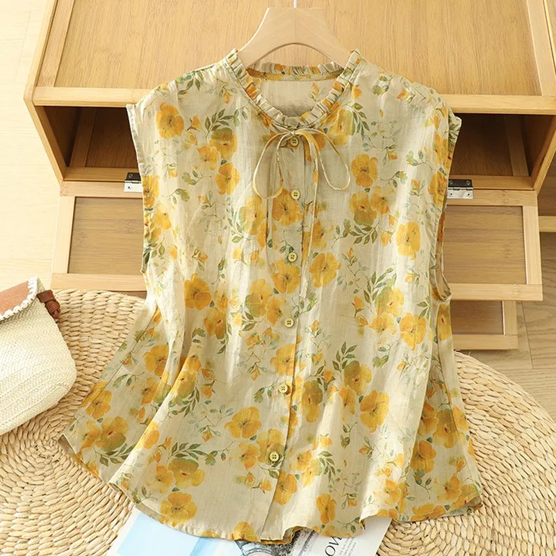 

Summer 2025 Artistic Style Printed Collar Tie Single Row Multi Button Cardigan Sleeveless Cotton And Linen Shirt Top For Women