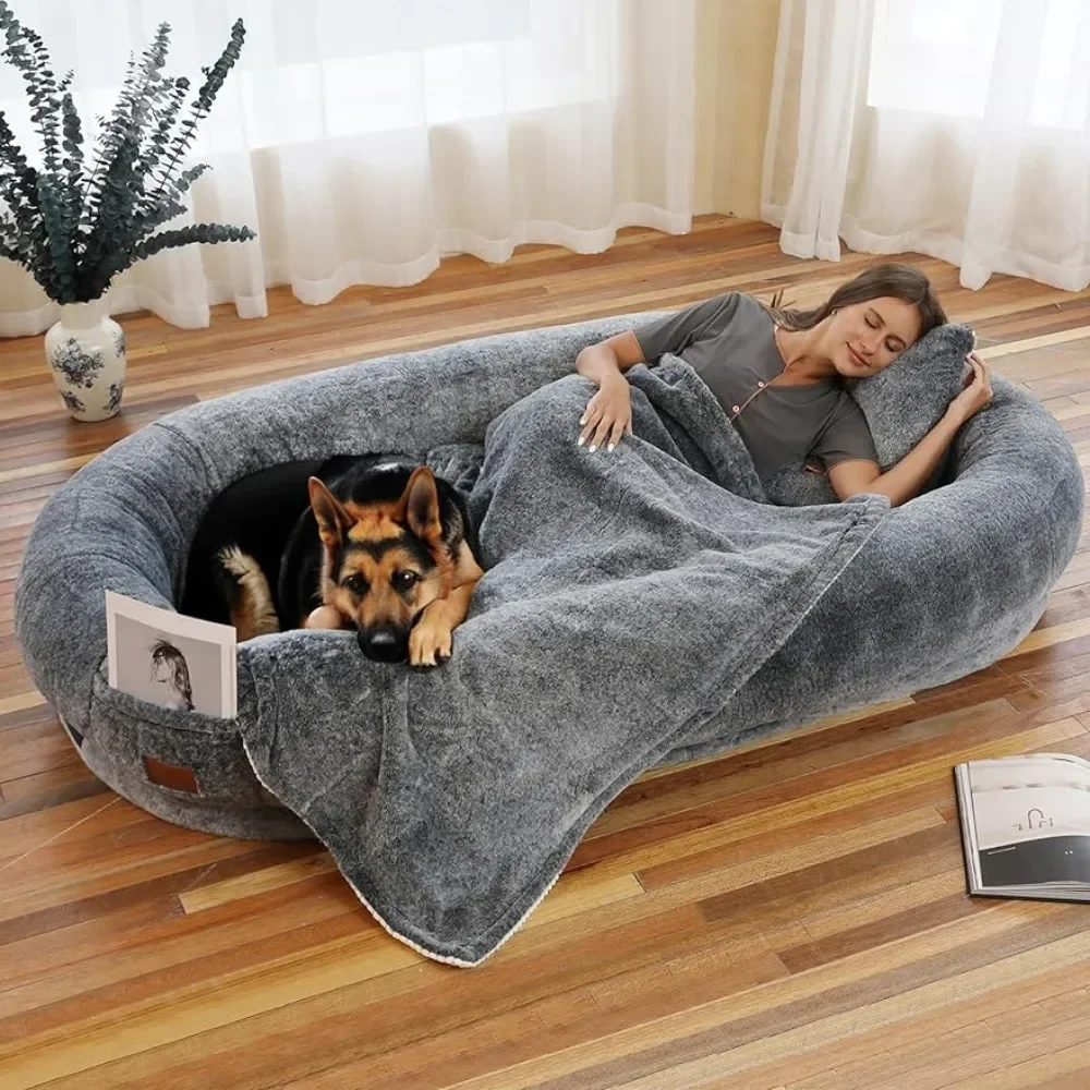 Giant Human Dog Bed With Blanket and Pillow Pet Accessories Adult Nap Bed Kennel Plush Beds Cats Cushion Supplies Products Home