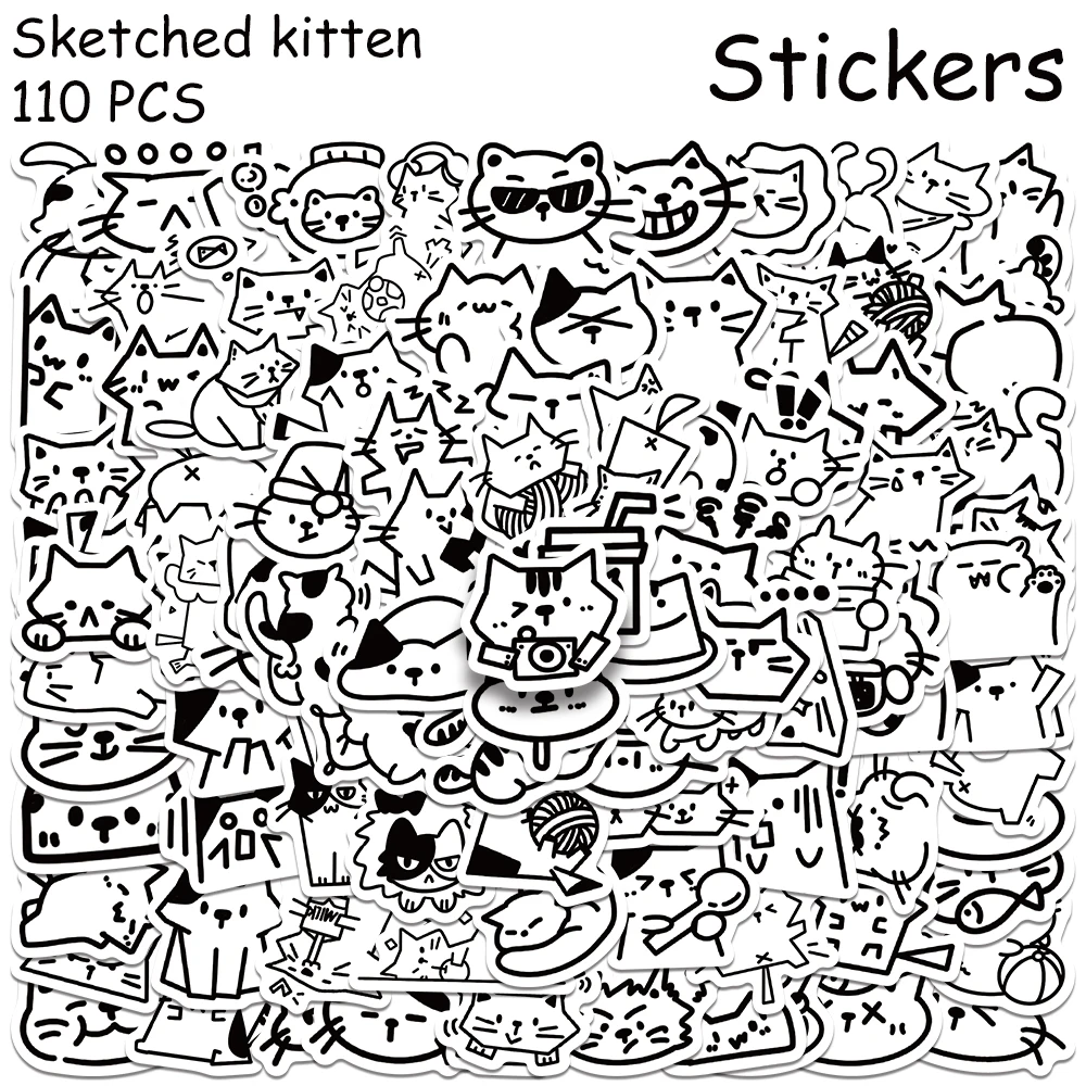 110pcs Cartoon Cute Sketched Kitten Stickers Decals For Phone Scrapbook Skateboard Guitar Helmet DIY Graffiti Aesthetic Stickers