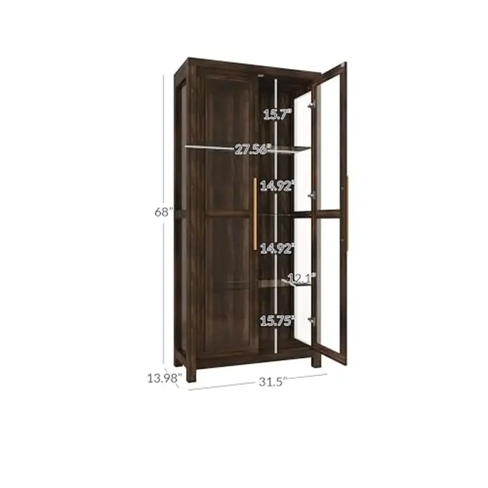 Tall Display Cabinet Glass Doors Adjustable Shelves Trophy Bookshelf Media Storage Dark Walnut Wood Cabinet Panoramic View