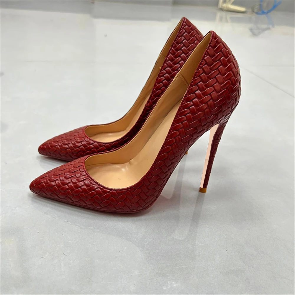 

Women's Red Woven Leather Pointed Toe Stiletto Heels Elegant Dress Pumps for Formal Events & Night Out Comfortable Shoes 12cm