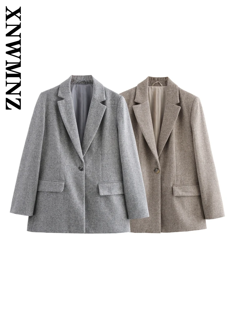 XNWMNZ 2024 New Autumn/Winter Woman's Casual Button Solid Color Blazer Coat Female Vintage Long Sleeve Notched Collar Top Jacket