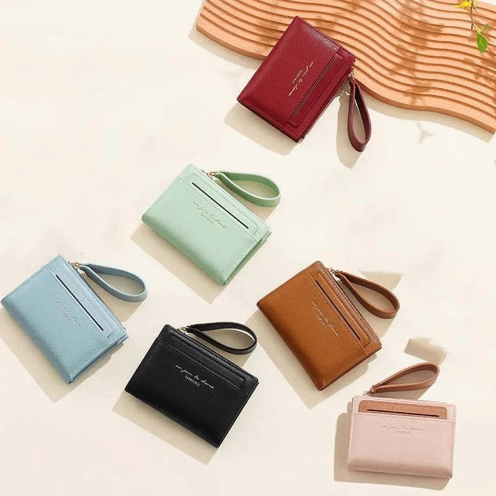 Storage Bag Portable Women Folding Wallet PVC Snap Button Solid Color Card Bag Korean Style Classic Lady Short PU Purse School