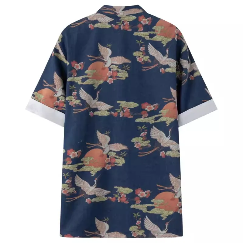 Crane Print High Quality Shirts For Men Short Sleeved Tang Costume Summer Cotton Breathable Chinese Style Frog Camisas De Hombre