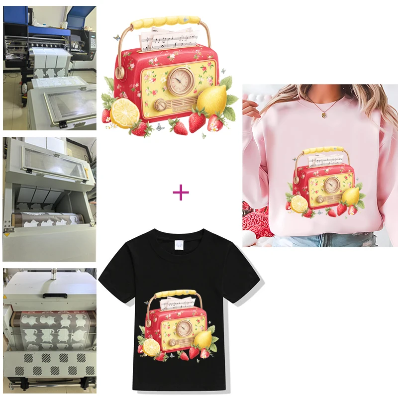 Strawberry colored road signs, radio music Heat Transfer Stickers DTF Iron On Transfer Patches For Children's adult Clothes Deca